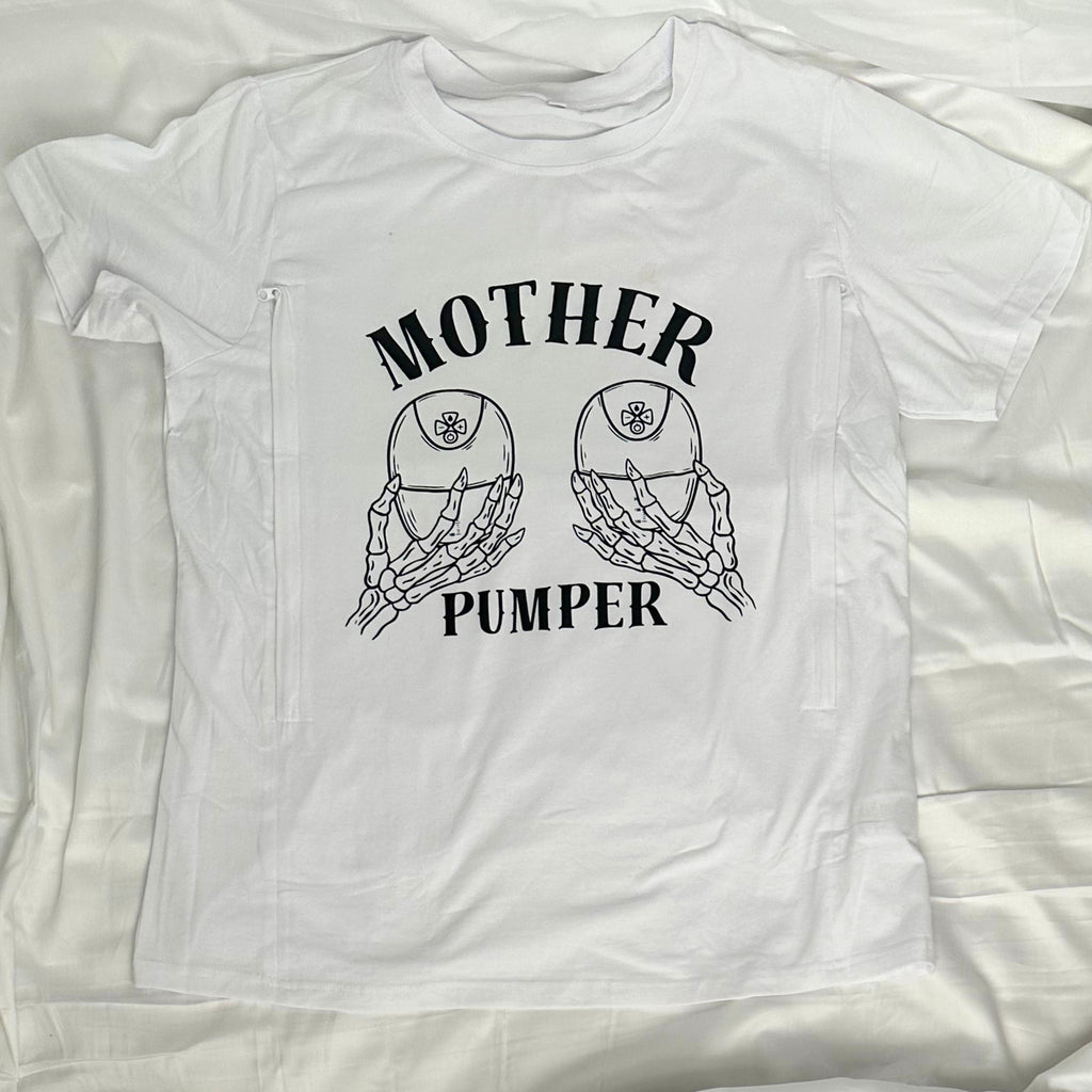 White graphic shirt with two wearable pumps featured and skeleton hands holding the pumps. "Mother Pumper" design.